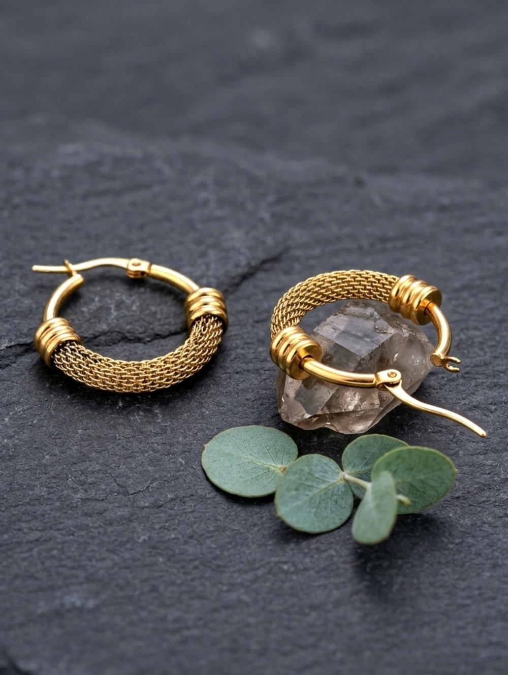 18K Gold Plated Mesh Textured Hoop Earrings Mediterranean Old Money Bali 1.2in